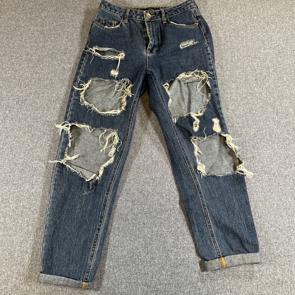 Zara Trafaluc Distressed Ripped Jeans Mom Fit Blue Denim Cuffed 26/36 SIZE 4